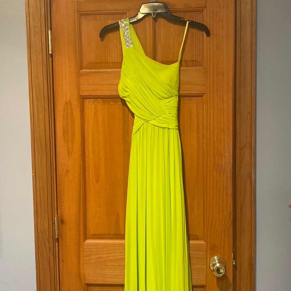 One shoulder lime green prom dress